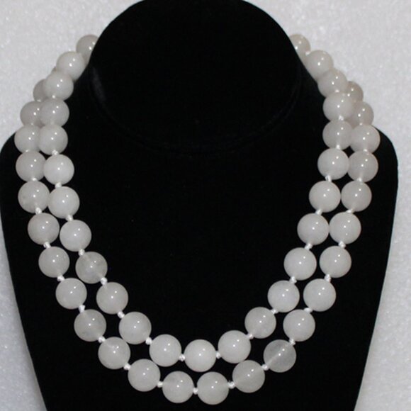 14K WHITE JADE NECKLACE - 12.5 MM STONES - 2 STRAND - Picture 2 of 11